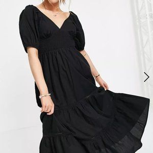 BRAND NEW - ASOS DESIGN shirred waist broderie insert maxi dress in black - 10